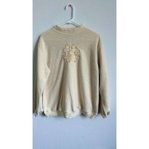 Jaclyn Smith Sport Womens M Yellow Floral Embroidered Fleece Pullover Sweatshirt